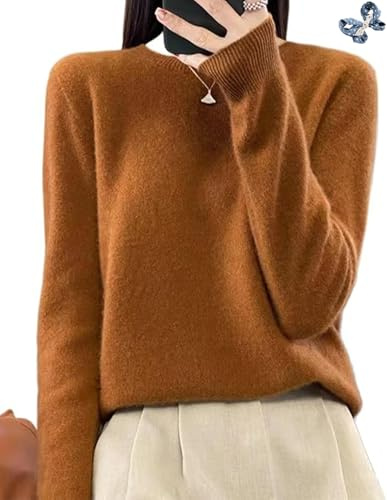 100% Cashmere Sweaters for Women Crew Neck Long Sleeve Soft Pullover Sweater Women's Cashmere Sweater (US, Alpha, Large, Regular, Regular, Brown)