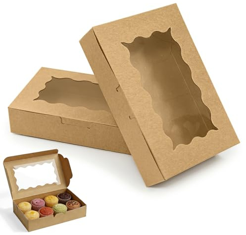 TAIVIN 20 Stück Kuchenbox mit Sichtfenster 18x11x4 cm aus Kraftpapier | Rechteckige Tortenbox für Weihnachtsbäckerei, Muffin Transportbox, Pralinen