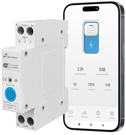 Nivian Smart Home - Interruttore guida DIN WiFi con misuratore di consumo – Controllo remoto tramite app, protezione elettrica 1-63 A, automazioni, Alexa e Google