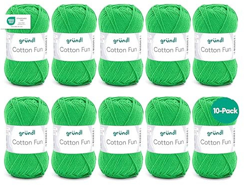 Gründl Wolle Cotton Fun - Wolle zum Häkeln - Strickgarn - Häkelgarn - Pflegeleicht und hautfreundlich - 100% Baumwolle - 10 Knäuel 50 g / 115 m - Nadelstärke 3-4 - Froschgrün