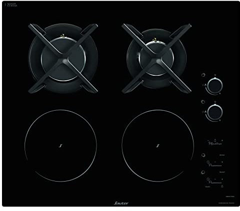 SAUTER SPI9602BM - Table de cuisson mixte induction/GAZ - 2 foyers induction (18 cm, 2,8 kW, 13 niveaux, minuterie 99 min) - 2 brûleurs gaz - grilles fonte - sécurité avancée
