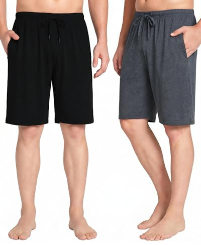 2 Piezas Pantalones Cortos de Pijama para Hombre Verano Shorts Cintura ajustable de Modal con Bolsillos