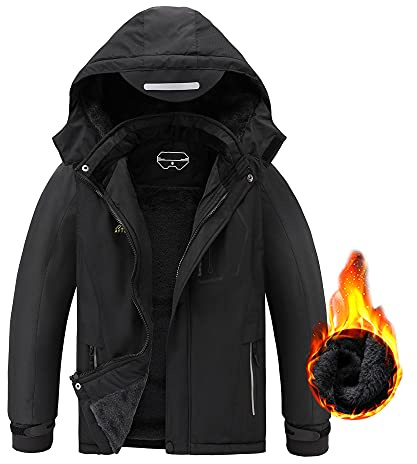 AFILOK Boy's Ski Jacket Waterproof Breathable Kids Fleece Lined Windproof Hooded Snowboard Coats (Black, 6-7)