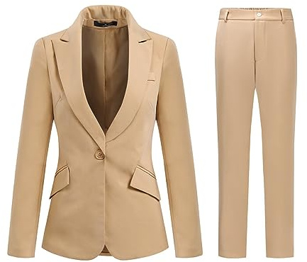 YFFUSHI Women 2-Piece Trouser-Suit Jacket Ladies Formal Office Business Blazer Coat,Apricot,XL