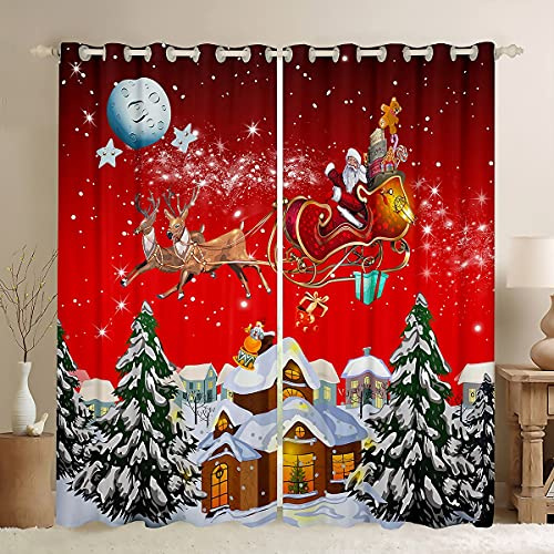 Loussiesd Julgardiner för flickor pojkar barn jultomte släde hjort fönsterdraperier röd jul tecknad stuga fönstergardiner för sovrum glitter stjärnor måne snö fönsterbehandlingar, B 46 x L 54