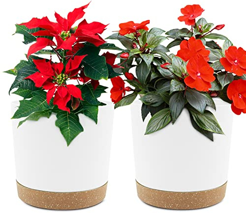 QCQHDU Lot de 2 Pot de Fleur Interieur,16.5cm Cache Pot Plante,Plastique Indoor Flower Pots avec Trous de Drainage et Base Amovible(Blanc16.5cm)