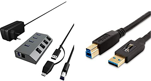 ICY BOX IB-Hub1405 4-Fach USB 3.0 Hub und Ladegerät, An-/Ausschalter für jeden Port, Netzteil (5V/4A), Aluminium, Ladestandard BC 1.2, grau & Amazon Basics USB 3.0 A-Stecker-B-Stecker-Kabel (1,8 m)