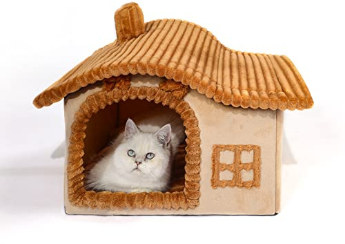 Jiupety Bear Cat Houses for Indoor Cats, Chimney Cute Cat Bed Cave, Enough Interior Space, Cartoon Soft Pet House Up to 3-7 lbs Kitten, Brown