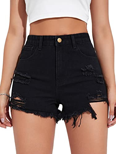 GORGLITTER Women's High Waist Ripped Raw Trim Denim Shorts Summer Straight Leg Jean Shorts with Pockets Black L