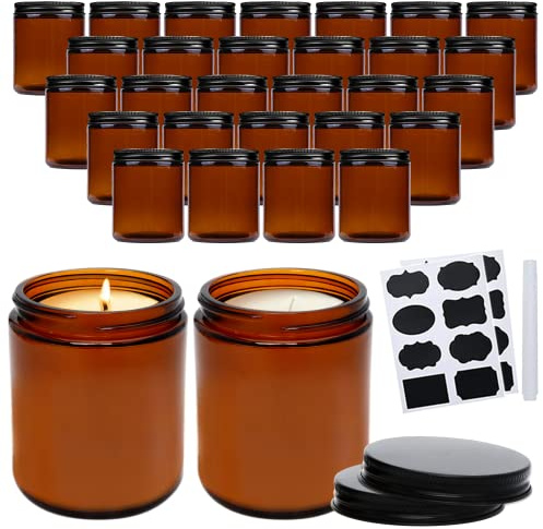 QAPPDA 8oz Amber Candle Jars Set of 30,Round Glass Jars with Black Lids,Empty 250ml Glass Candle Making Jar Bulk Thick Small Food Storage Jar for Spice,Candy,Powder