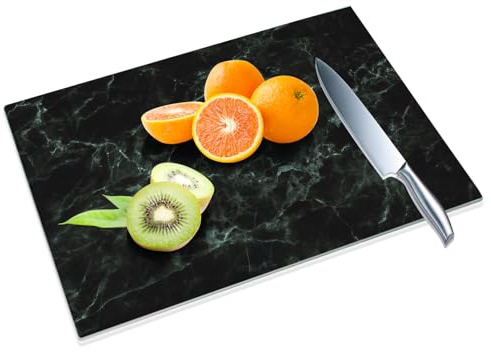 JAMBALAY Tempered Glass Cutting Board for Kitchen, 16x12 Black Marble Glass Cutting Board with Design, Glass Chopping Board with Non Slip Feet, Heat & Shatter Resistant, Dishwasher Safe
