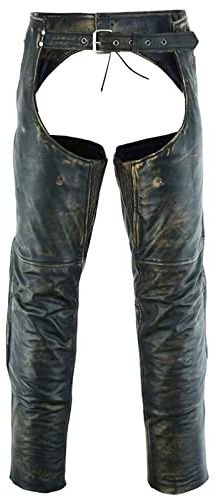 Dream Apparel Mens Distressed Brown Leather Motorcycle Riding Chaps with Zip Out Liner, Cowboy Biker Chaps Pants W/ 4 Pockets