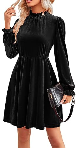 Jayscreate Women's 2023 Velvet Dress Elastic Waistline Fall Long Sleeve Wedding Guest Short Wrap Tunic Formal Dress Black