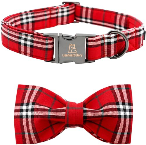Lionheart glory Collare per Cani a Quadri Natalizio, Collare con Papillon Rosso per Cani Regolabile Morbido e Confortevole Collari con Papillon per Cani di Taglia Grande Femmina o Maschio Regalo per