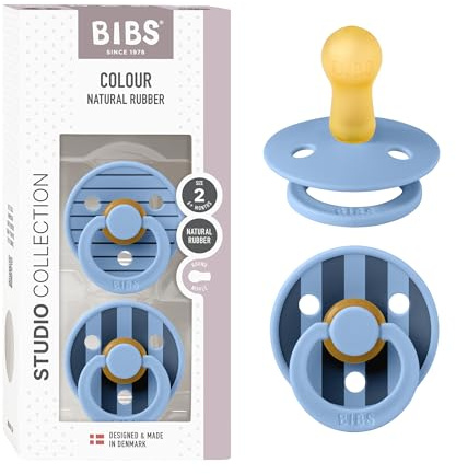 BIBS Colour Studio Soother 2-Pack, BPA Free Dummy Pacifier, Round Nipple. Natural Rubber Latex, Made in Denmark, Size 2 (6-18 Months), Pin Sky Blue