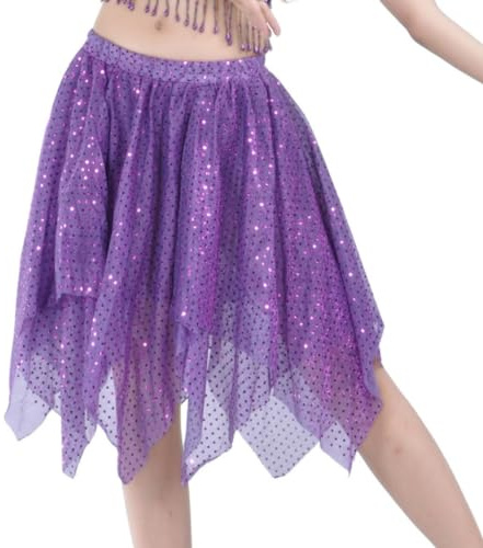 Faldas de lentejuelas para mujer, falda irregular de danza latina, falda fluida con brillo de hadas para danza del vientre, faldas hasta la rodilla, falda de baile en capas brillantes para fiesta rave