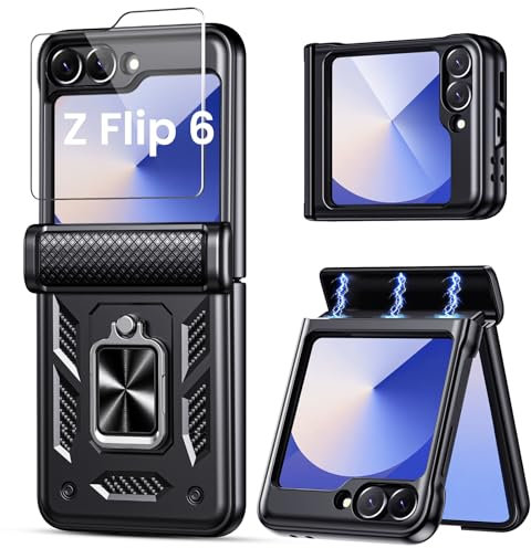 Cover per Samsung Z Flip 7 FE/Flip 6/5 con Schermo in 9H Vetro Temperato, Protezione Della Cerniera, 360°Anello Supporto, Antiurto Anticaduta Militare, Custodia per Galaxy Z Flip 6 / Flip 5, Nero