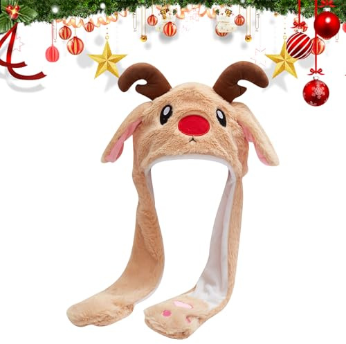 CutitiUU Christmas Moving Ears Hat,Christmas Airbag Caps Reindeer Light Brown,Ear Moving Jumping Animal Cap,Elk Plush Funny Deer,Hat reindeer With Scarf,Cute Flap Cap for Kids (Reindeer)