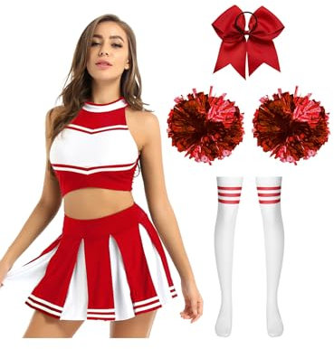 Xnihocha Damen Cheer Leader Cheerleading Kostüm mit Pompons & Socken & Haarband Halloween Party Cheers Uniform Outfit Rot B S