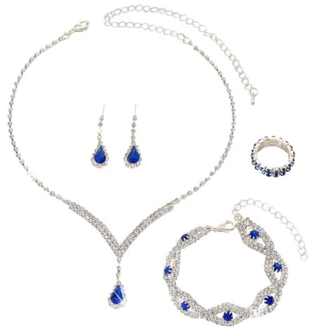 FDEETY Damen Schmuckset Kristall Strass Anhänger Halskette Armreif Ohrring Ringe Set Abschlussball Brautparty Brautjungfer Schmuckset(Saphirblau)