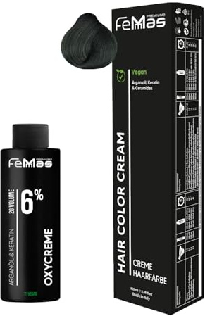 Femmas Haarfarbe Set Grün I Hair Color Cream 100ml + Oxycreme 100ml 6% I Permanente Haar-Coloration + Entwickler I Schonend & langanhaltend I Salon-Haarfarbe für Zuhause
