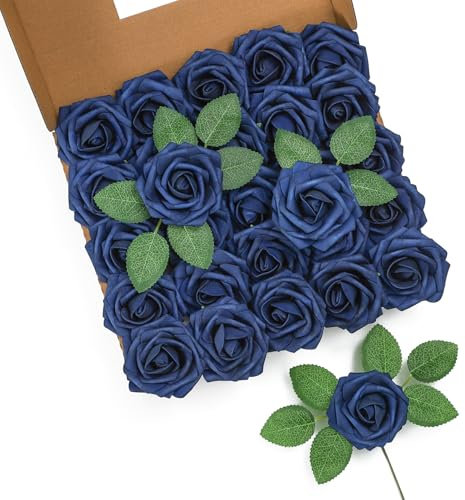 LEUCHTAMOR 25 rose artificiali in schiuma blu navy, rose finte realistiche al tatto per bouquet da sposa, centrotavola, composizioni floreali, feste, decorazioni per la casa