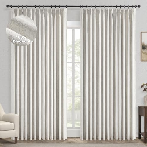 Topfinel Extral Wide Custom Sliding Door Curtains, Pinch Pleated 100% Blackout Linen Luxury Curtains with Hooks for Patio Large Window Living Room Track, 72 Wx84 L 1 Panel
