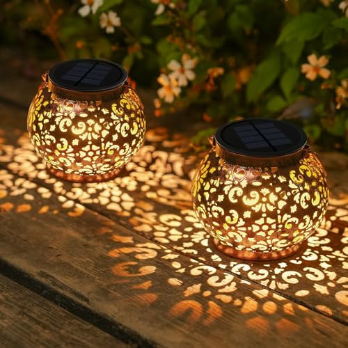 JOYCREATOR Solarlaterne für Außen Wasserdicht IP65, 2 Stück LED Vintage Solar Laternen für Draußen, Warmweiß Solarlampen für Außen Garten Hängend für Balkon Patio Hof Gehweg Tisch Gartendeko 2er Set