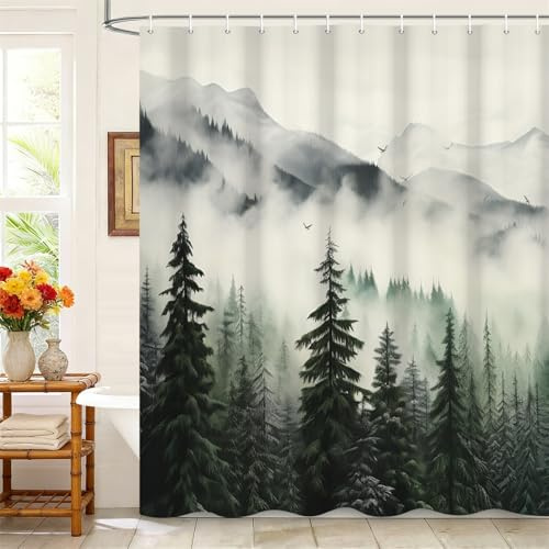 Kzzfqxb 152x183cm Tende da doccia nebbiose con ganci, Montagne di nebbia bianca Pini Foresta Bosco Paesaggio Scenario Occluso Impermeabile, Tessuto in poliestere Bagno Vasca Decorazione naturale