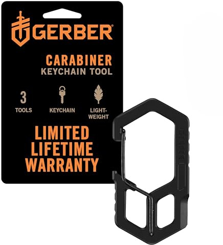 Gerber multi-herramienta y llavero, mosquetón, mosquetón de 3 cámaras con abre paquetes y abre botellas, longitud: 6,1 cm, peso: 18 g, acero inoxidable, negro, 1075355
