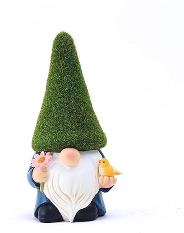 Gnomo de jardín con sombrero verde musgo, traje azul/rojo, adornado con flores y pájaros, adorno decorativo para exteriores, figura de duende