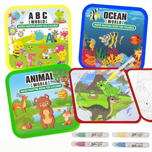 Water Painting Books for Toddlers, 4 Pack Reusable Magic Water Coloring Book with Water Pen Fairy Tale for Ages 3+, Water Doodle Book Travel Toys for Kids(Mix-4color)