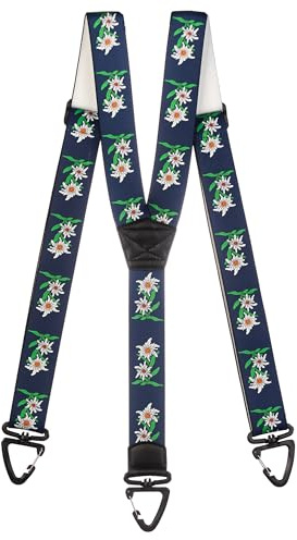 Olata Bretelle da Uomo a Y con Moschettoni in Plastica - Motivo Stella Alpina, 4 cm di Larghezza. Blu Scuro