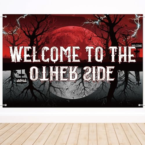 Welcome to The Other Side Toile de Fond, 150x100cm Bannière Forêt Horreur Étrange À l'envers Décorations Fête Effrayantes pour Halloween Anniversaire Décoration Murale Accessoires Photo