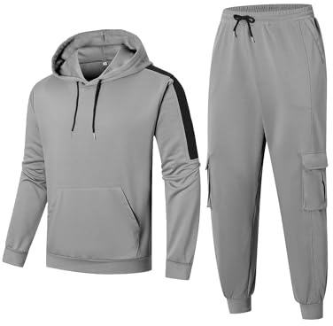 Babioboa Mens Sweatsuits Gym Workout Outfit 2 Piece Hoodie Suit Pullover Sweatshirt and Jogger Sweatpants Set(Grey,L)