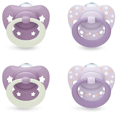 NUK First Choice Classic Day & Night Baby Schnuller | 0-6 Monate | Orthodontische Schnuller, die im Dunkeln leuchten | 95% Akzeptanz bei Babys** | Lila | 4 Stück
