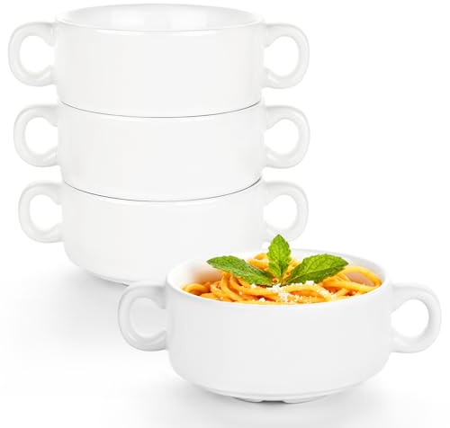 Set di 4 ciotole da zuppa con doppio manico, ciotole in porcellana bianca, piccole pirofile per crème brûlée, pasta, torte, zuppe, utilizzabili in forno, 255 g
