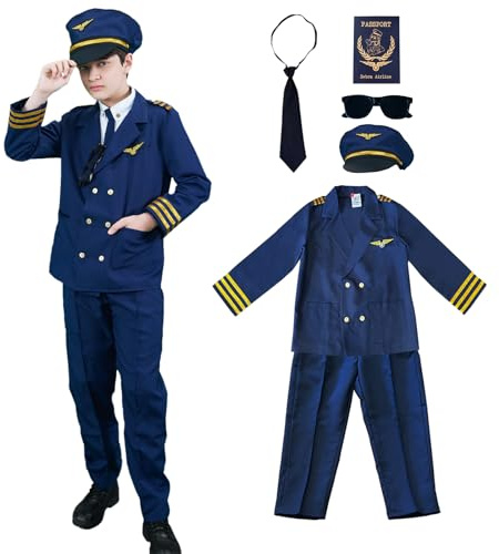 Zebra & Friends Pilot Kostüm Kinder - Größe 140 - Kapitän Kostüm, Kinder Piloten, Uniform Set für Karneval Fasching Halloween