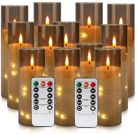 LIVEN Lot de 12 bougies piliers LED sans flamme vacillante à piles avec mèche mobile réaliste pour Halloween, Noël, décoration d'intérieur (D 2,2 x H 12,7 cm, 15,2 cm, 17,8 cm) (Gris