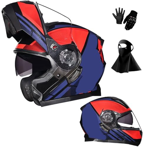 Motorcycle Helmet, Motorcycle Dual Visor Flip up Modular Full Face Helmet, DOT Approved Motorbike Helmet with 2 Visors Face Mask Gloves for Adults Men Women(F12,XL(58-60cm))