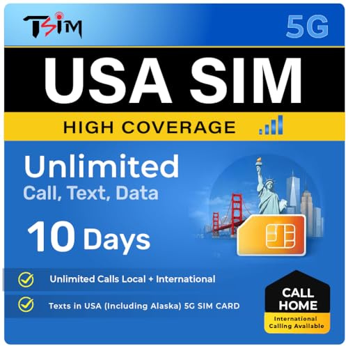 TSIM Tarjeta SIM de EE. UU. de 10 días con Call Home | Alta cobertura de red | Datos ilimitados en la red AT&T | Llamadas y SMS locales e internacionales ilimitados en EE. UU. (incluyendo Alaska) |