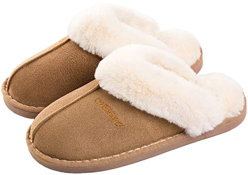 Women's Slippers Soft Plush Warm Fuzzy House Shoes Anti-Slip Fluffy Indoor/Outdoor Slippers Tan 44-45