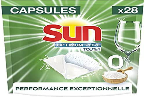 Sun Cápsulas para lavavajillas Optimum Pure todo en 1 0% x 28, 0% colorantes, fosfatos y perfumes, vajilla brillante e impregnable, ingredientes naturales, limpieza y brillo, 28 pastillas
