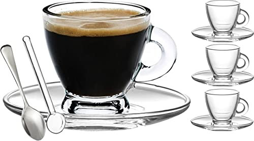 BOHEM'S Espressotassen, 90 ml, klein, Demitasse, klares Glas, Espresso-Trinkgeschirr, Set mit Tassen, Untertassen und Mini-Löffeln aus Edelstahl + Glaslöffel (4er-Set)