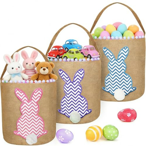 TURNMEON 3 PCS Easter Baskets Bunny Rabbit Bucket Tote Bags for Easter Egg Hunts Decorations Candy Gifts Storage Canvas Personalized Easter Eggs Baskets for Kids Girls Boys Party Favor Supplies