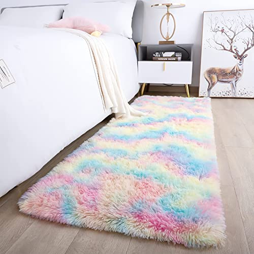 ROHATIM Tapis Salon Shaggy Descente de lit Chambre Grande Taille Tapis Moelleux Carpette pour Chambre Tapis Décoratif de Style Moderne pour Salon Chambre Canapé Natte(Arc-en-Ciel,80 x 150 cm)
