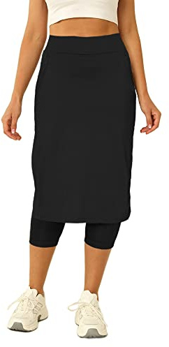 Aurgelmir Jupe de tennis pour femme avec capris leggings de golf longueur genou jupe athlétique longue pour femme avec poches, noir, Taille XL