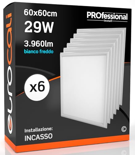 Eurocali 6x Pannello LED 29W 60x60cm Alta Efficienza 3950 lumen - Luce Bianco Freddo 6500K Fascio Luminoso 120° - ad incasso