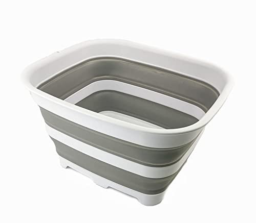 SAMMART 15L Zusammenklappbare Schüssel mit Ablaufstopfen - faltbares Waschbecken - tragbares Geschirrwaschbecken - platzsparendes Küchenregal (Weiß/Grau)