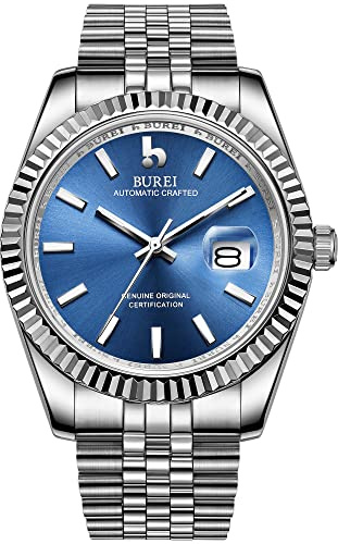 BUREI Uhr Herren Luxus Automatik Business Herrenuhren Edelstahl Armbanduhr mit Kalender M?nner(blau sliber)